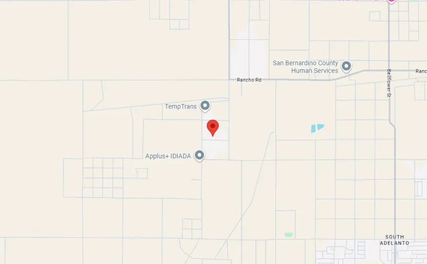 Map showing locations of TempTrans, Applus+ IDIADA, and San Bernardino County Human Services near Rancho Rd in South Adelanto.