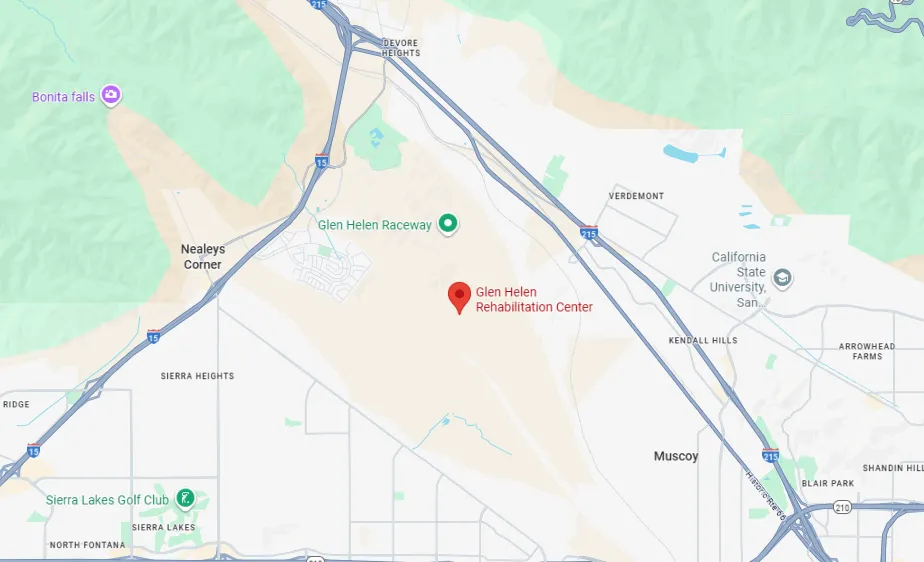 Map showing Glen Helen Rehabilitation Center near Glen Helen Raceway and landmarks including Bonita Falls, Sierra Lakes Golf Club, and California State University area.