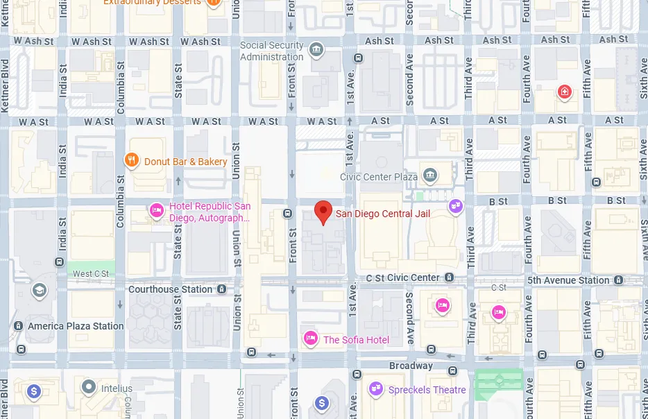 Map showing the location of San Diego Central Jail near Front Street and Civic Center Plaza, with nearby landmarks including Donut Bar & Bakery, Hotel Republic San Diego, The Sofia Hotel, Spreckels Theatre, and several transit stations.