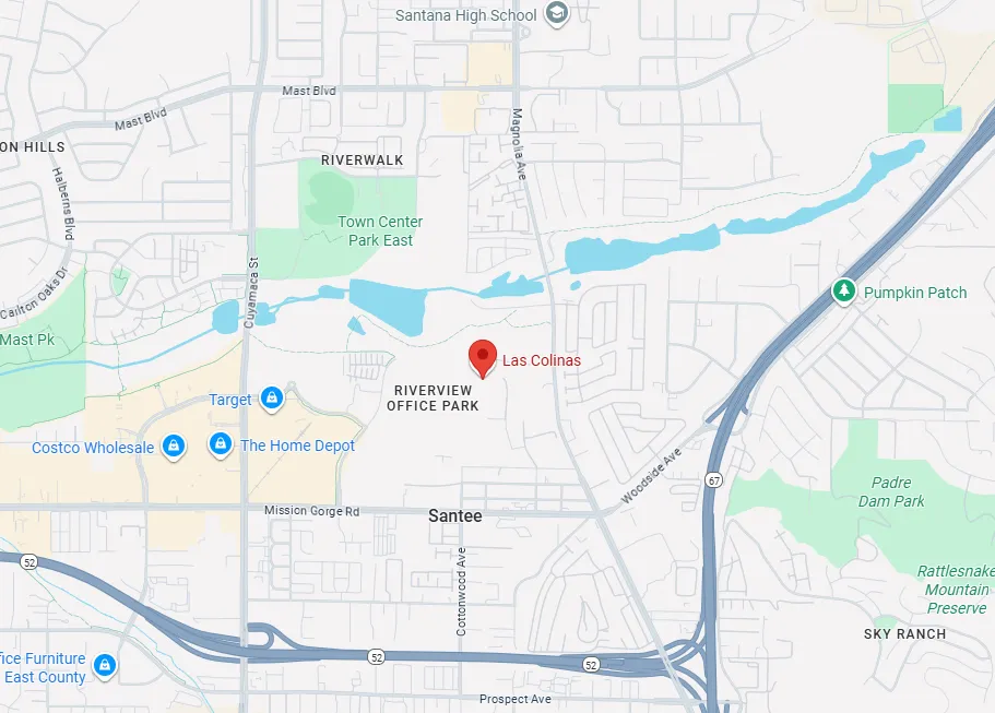 Map showing Las Colinas location near Riverview Office Park in Santee, California with nearby landmarks including Target, Costco Wholesale, The Home Depot, Pumpkin Patch, and Padre Dam Park.