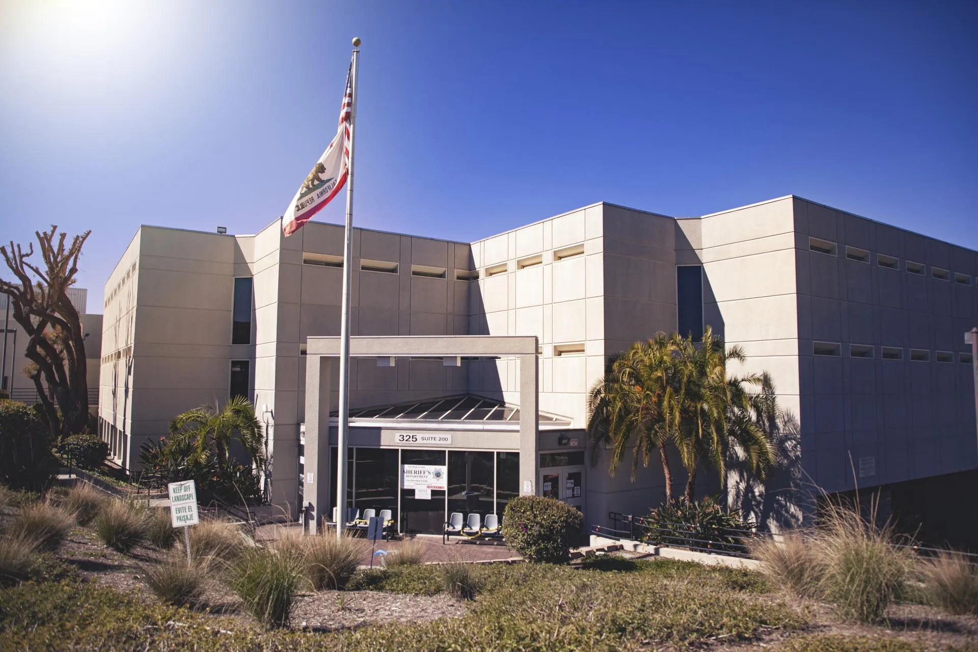 Modern beige government building with a flagpole flying the California state flag and the American flag in front, surrounded by palm trees and landscaping.