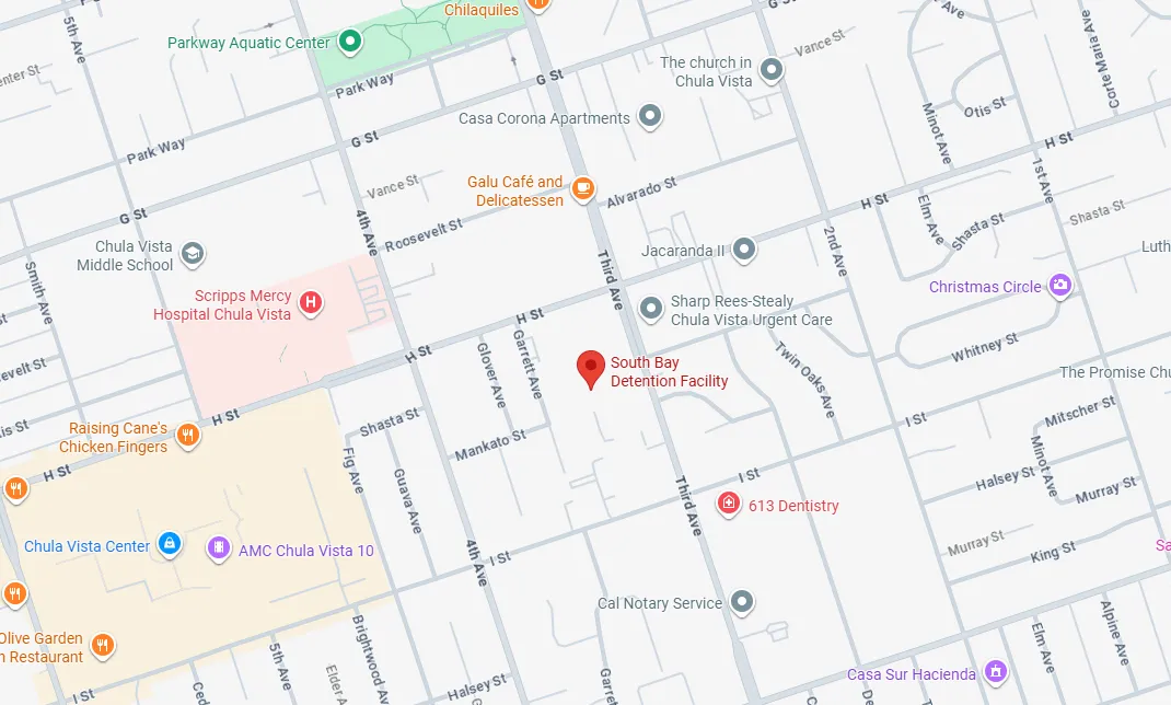 Map of South Bay area in Chula Vista showing South Bay Detention Facility, hospitals, schools, eateries, and other landmarks along streets like Third Ave and H St.