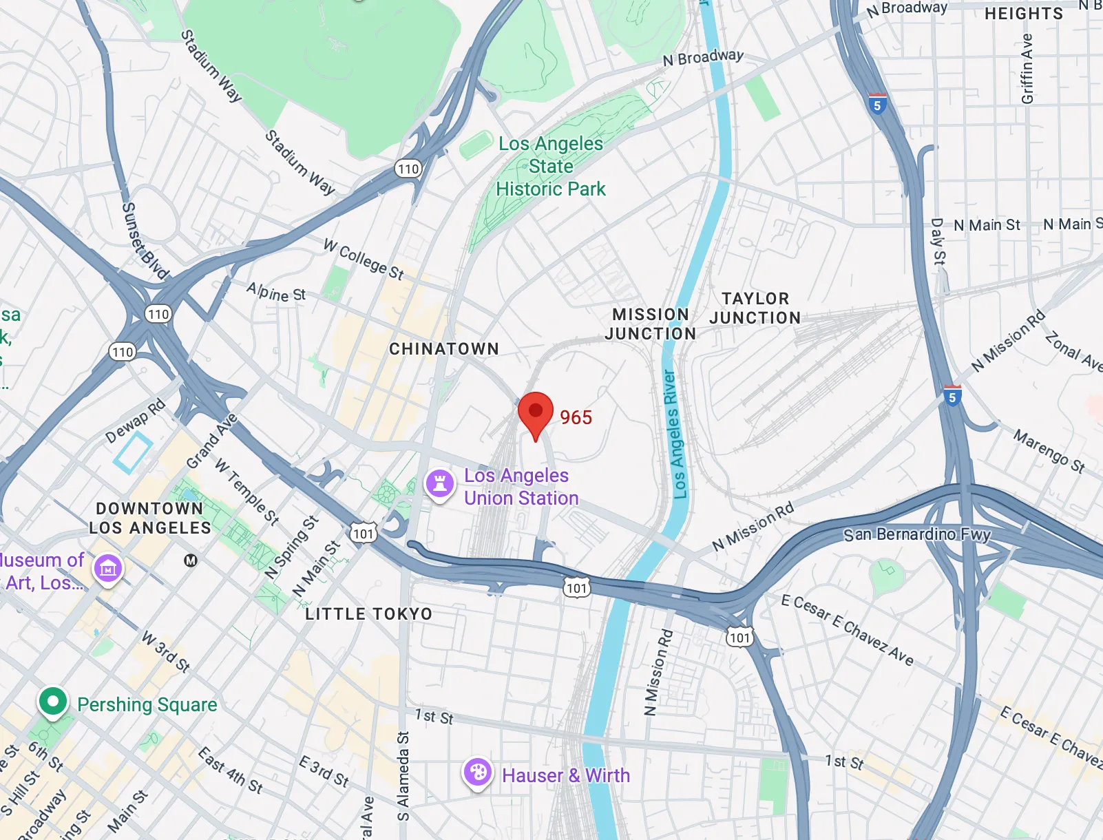 Map showing Downtown Los Angeles area with landmarks including Los Angeles Union Station, Pershing Square, and neighborhoods like Chinatown and Little Tokyo, highlighted by highways 110, 101, and 5.