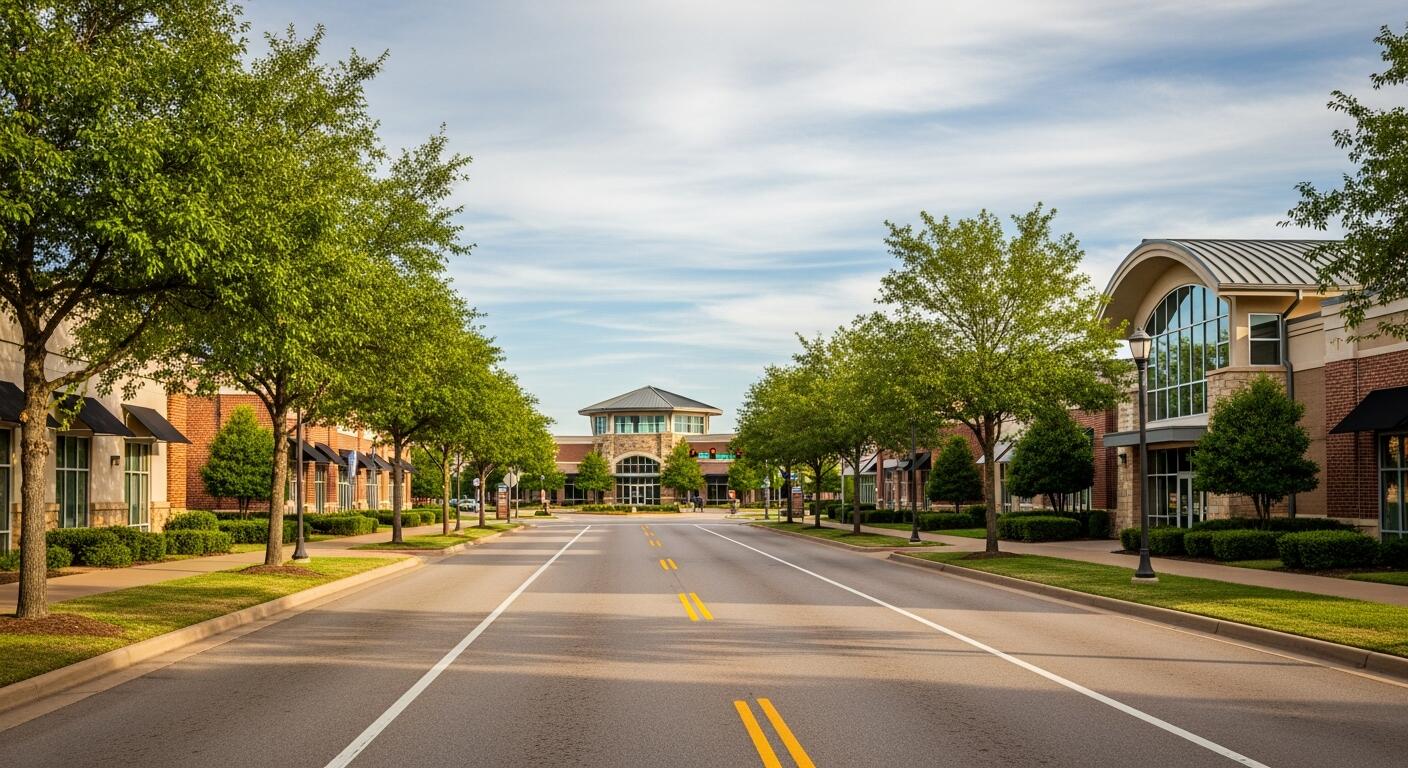 Empty street lined with trees and brick buildings leading to a shopping mall under a partly cloudy sky.
