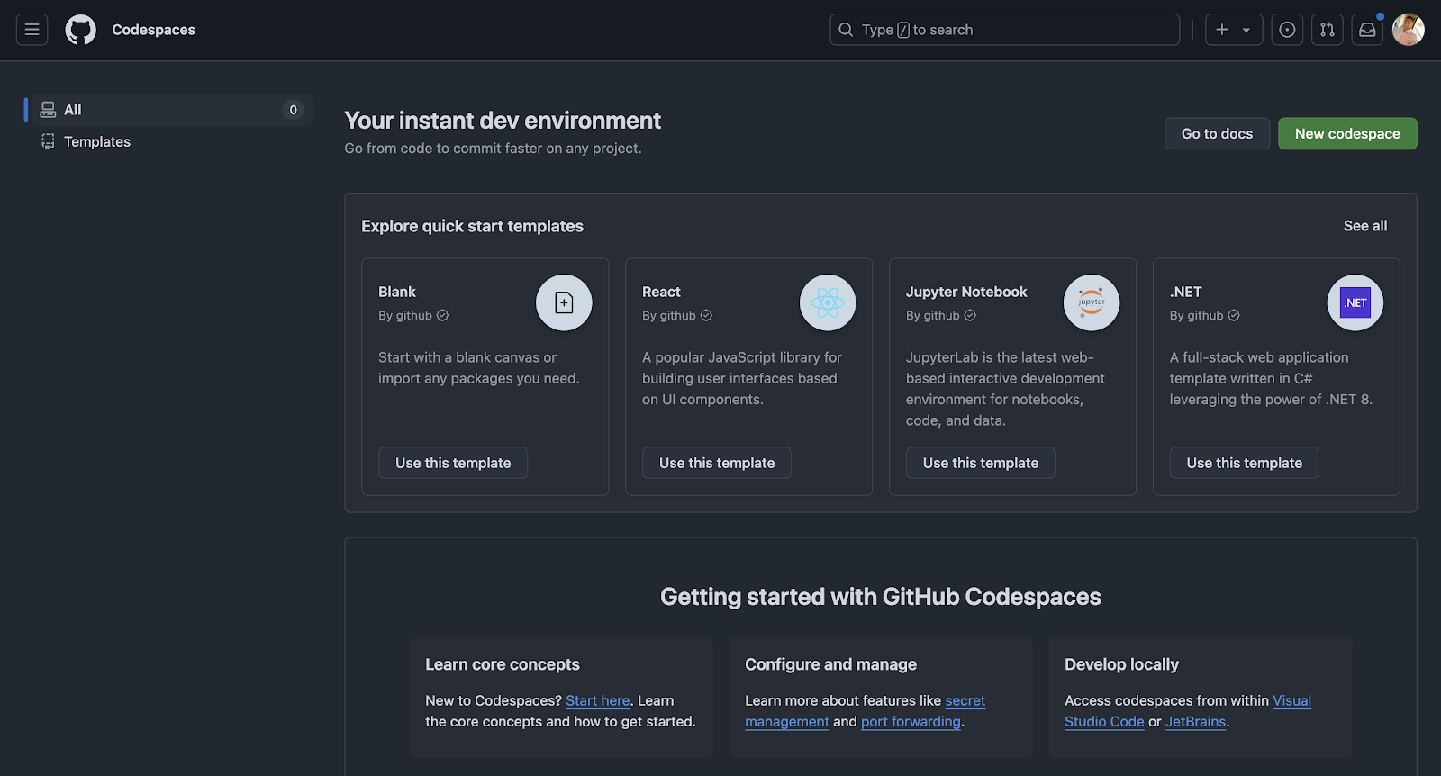 An image of GitHub Codespaces workspace dashboard