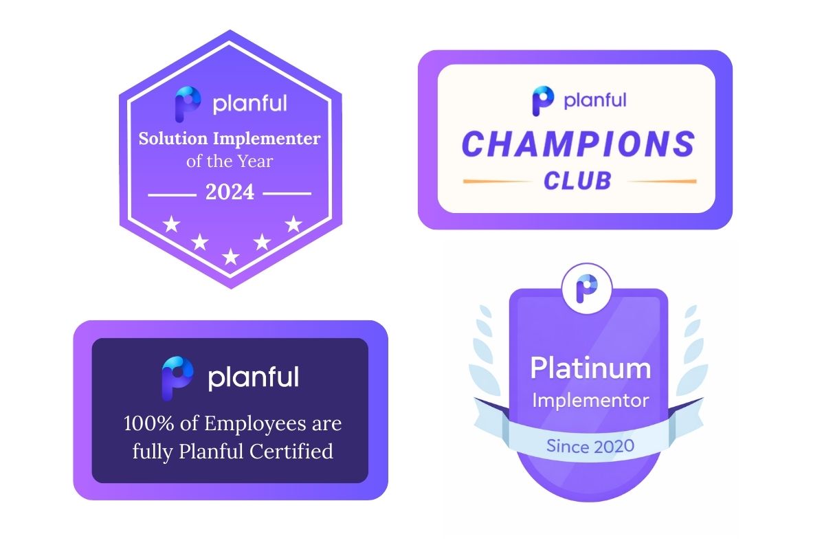 Four Planful award badges: Solution Implementer of the Year 2023, Champions Club, 100% of Employees are fully Planful Certified, and Platinum Implementor 2024.