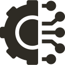 Icon showing half a gear connected to circuit lines, representing technology and automation.