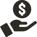 Hand holding a coin with a dollar sign above it, symbolizing income or earnings.