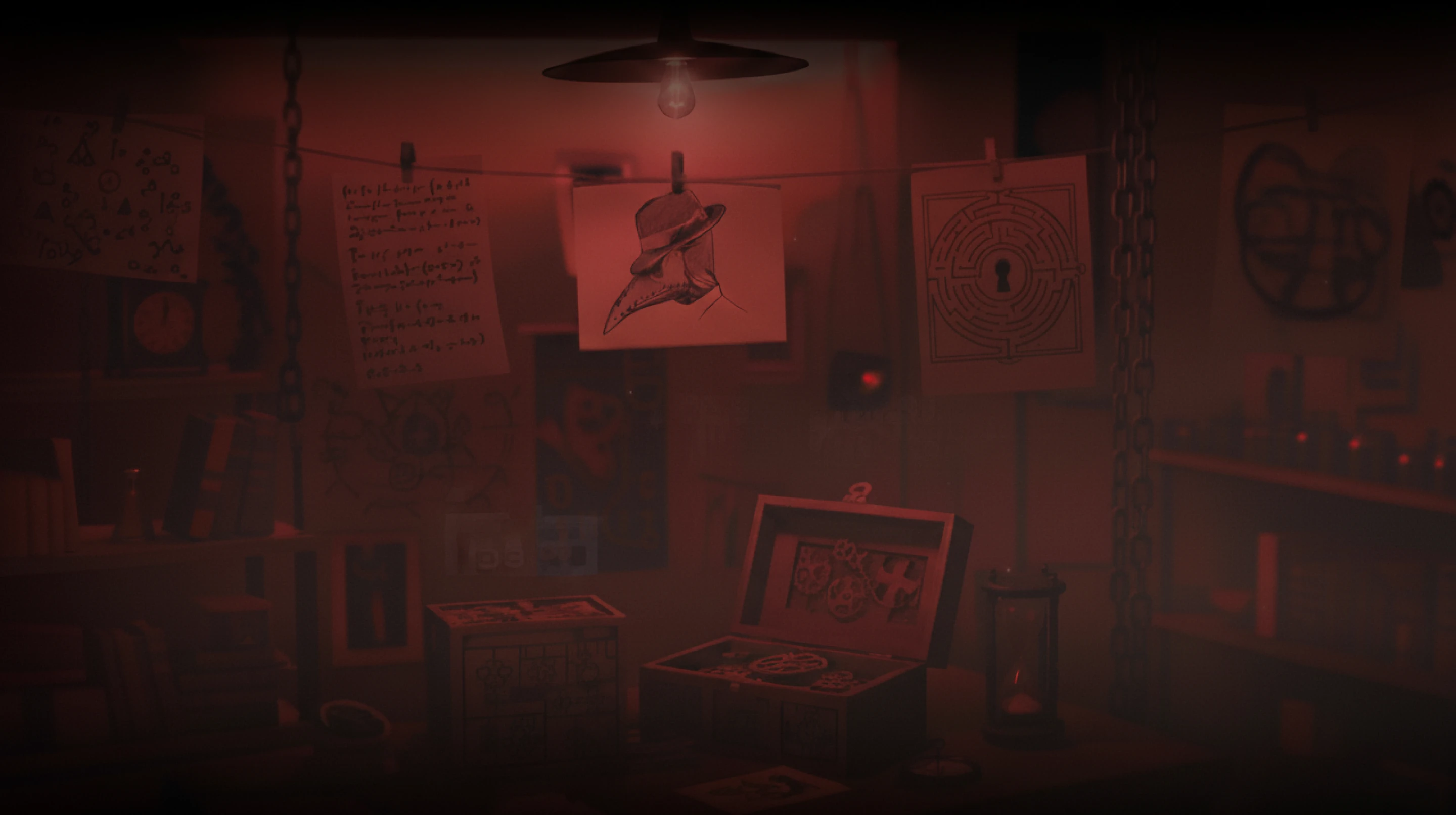 Sala escura com iluminação vermelha apresenta papéis pendurados com desenhos de um chapéu de bico, fórmulas matemáticas e um labirinto com uma fechadura no centro.