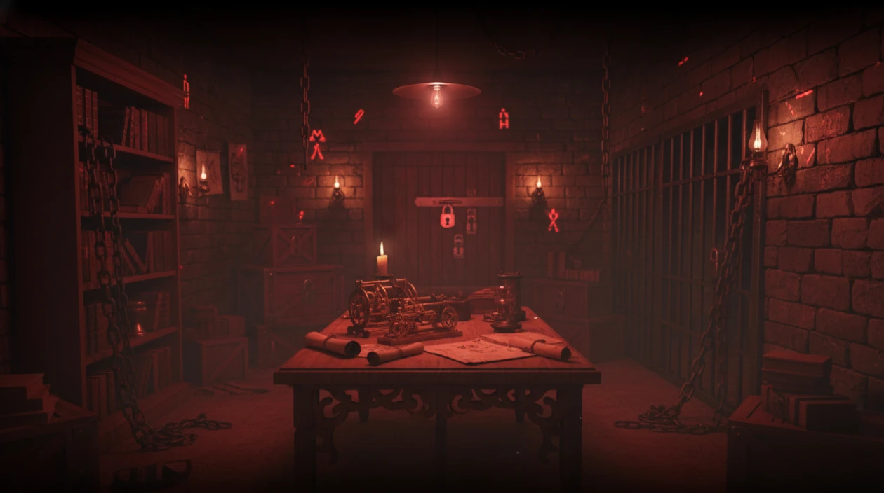 Sala escura com mesa de madeira central com mapas, velas e mecanismos antigos, paredes de pedra, cadeias penduradas e símbolos vermelhos brilhantes.