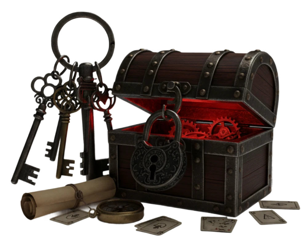 Baú de madeira aberto com interior vermelho e engrenagens, acompanhado de chaveiro com várias chaves antigas, mapa enrolado, bússola e cartas com símbolos.