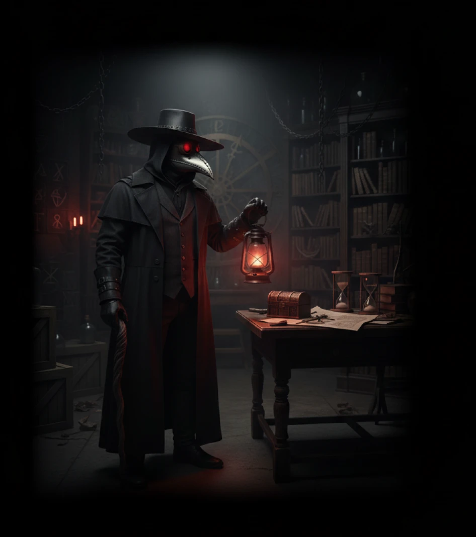 Pessoa vestindo traje de médico da peste com olhos vermelhos brilhantes, segurando uma lanterna em uma sala escura com mesa, livros e ampulhetas.