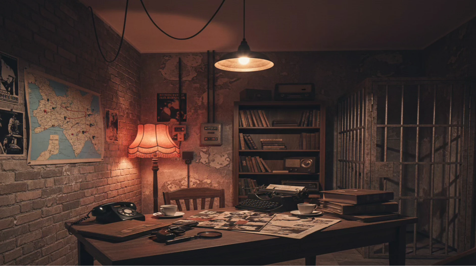 Sala de interrogatório ao estilo antigo com mesa de madeira, telefone de disco, máquina de escrever, arquivos, xícaras, lâmpada e cela de prisão.