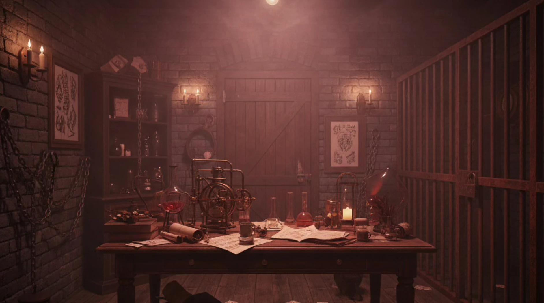 Sala escura com mesa de madeira cheia de frascos, papéis e instrumentos científicos antigos, paredes de tijolos e grades metálicas.