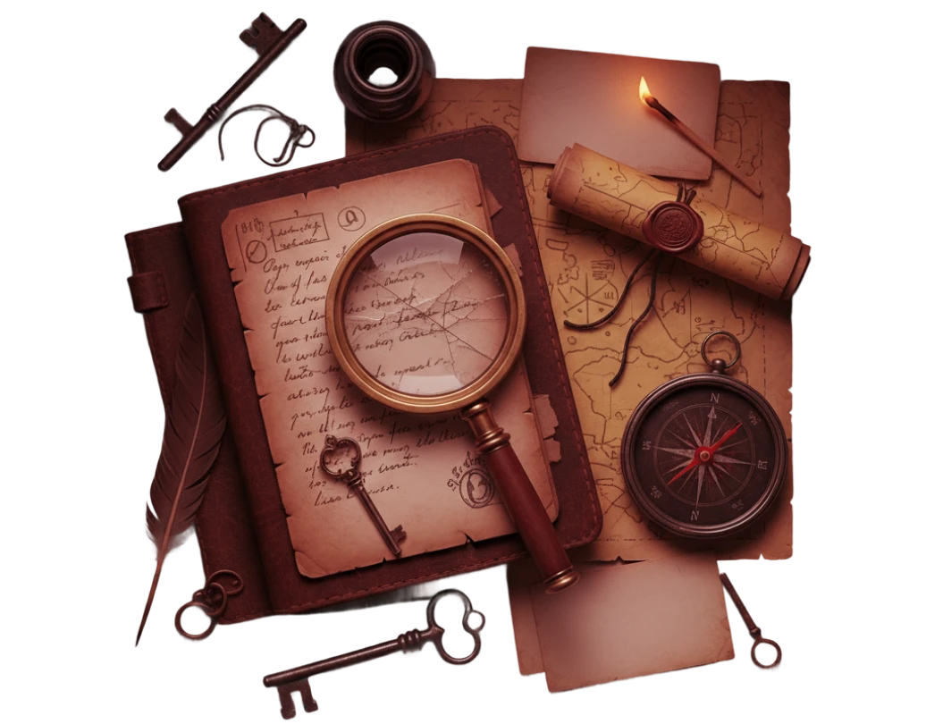 Mesa vintage com lupa sobre papel manuscrito, chaves antigas, pena, bússola, pergaminho com selo de cera e fósforo aceso.