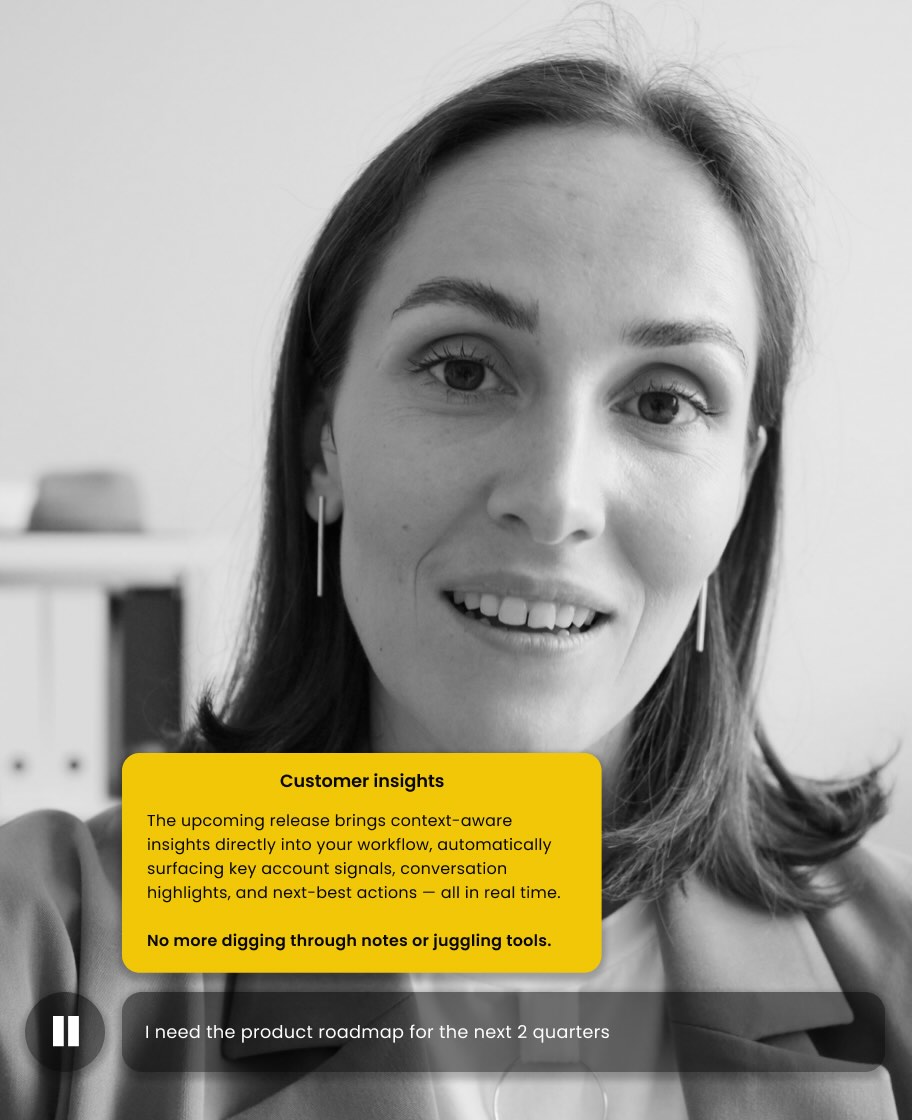 Close-up black and white photo of a woman speaking with text overlay about customer insights and a roadmap request.