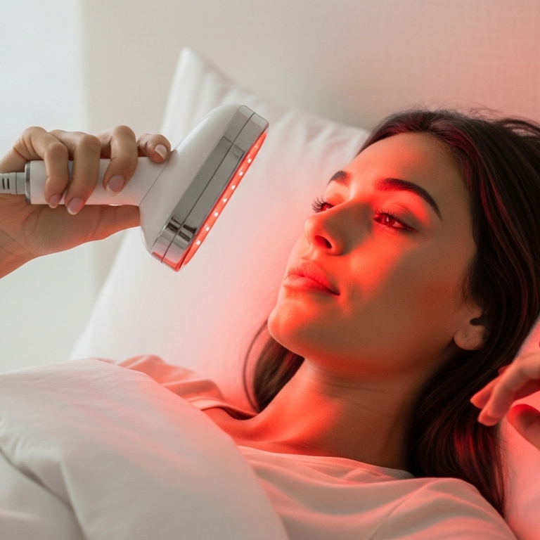 Woman laying in bed using a red light therapy device