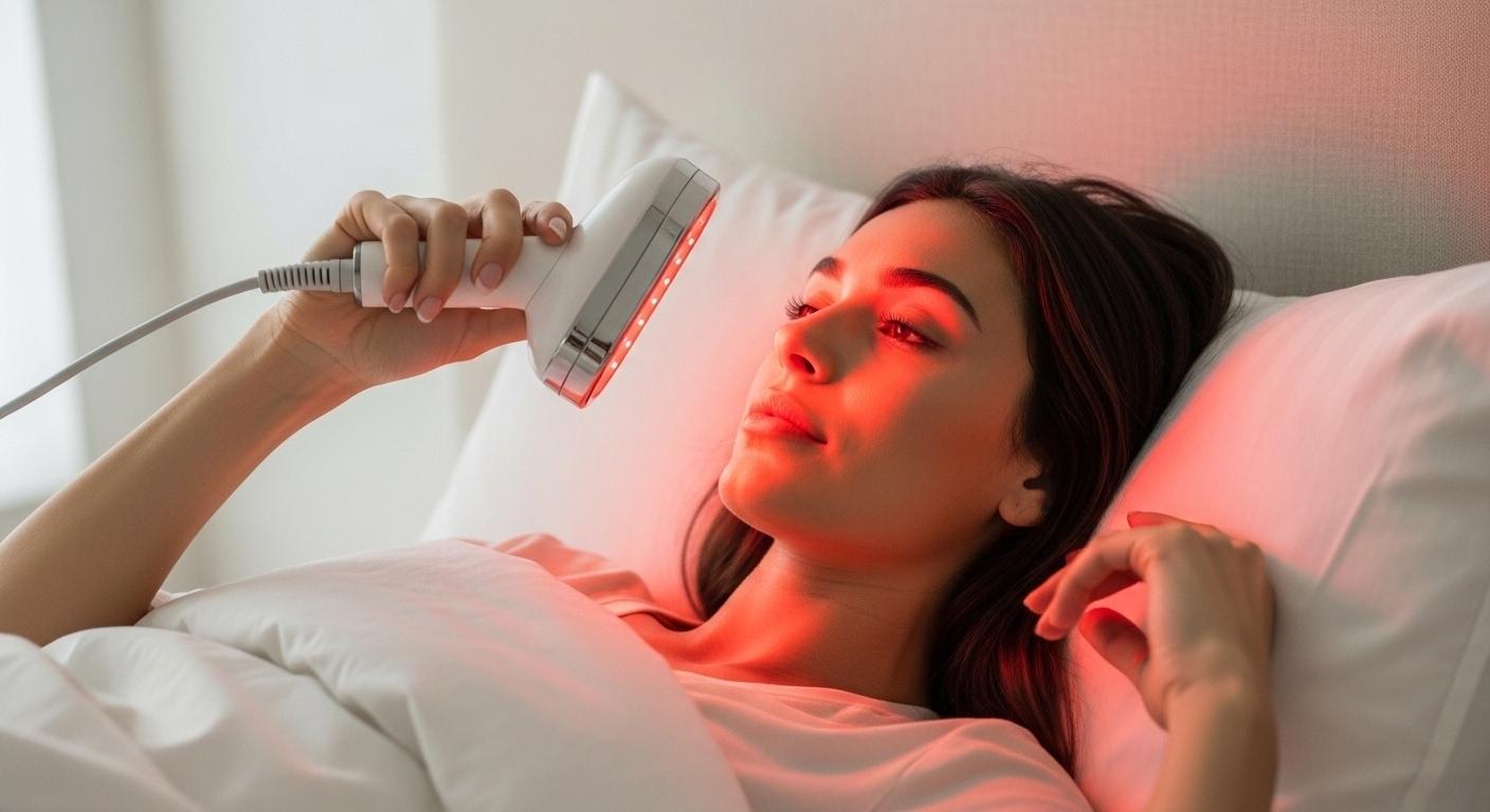 Woman laying in bed using a red light therapy device