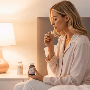 Woman sitting on the edge of her bed at night