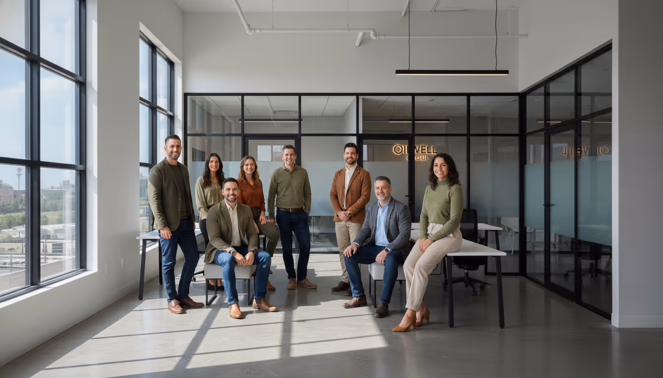 Group of eight professionally dressed people posing in a bright modern office with large windows and glass walls.