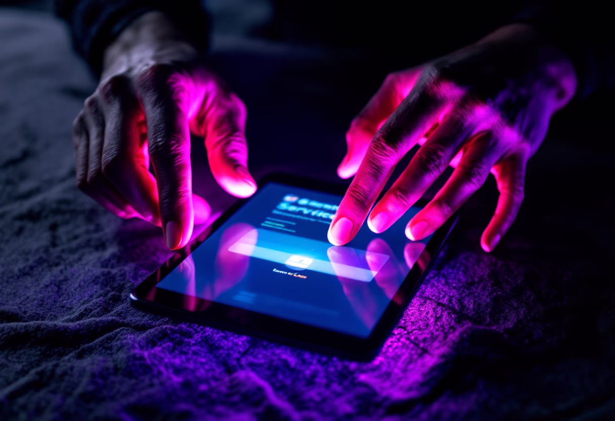 image of hands-on an appointment booking on a tablet (for a garment care service)