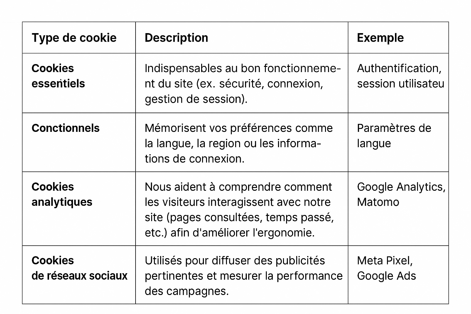 Table listing four types of cookies with descriptions and examples: essential cookies for site security and session management; functional cookies for language and connection preferences; analytical cookies for understanding visitor interactions to improve usability; and social media cookies for ads and campaign performance, with examples like Google Analytics, Meta Pixel, and Google Ads.