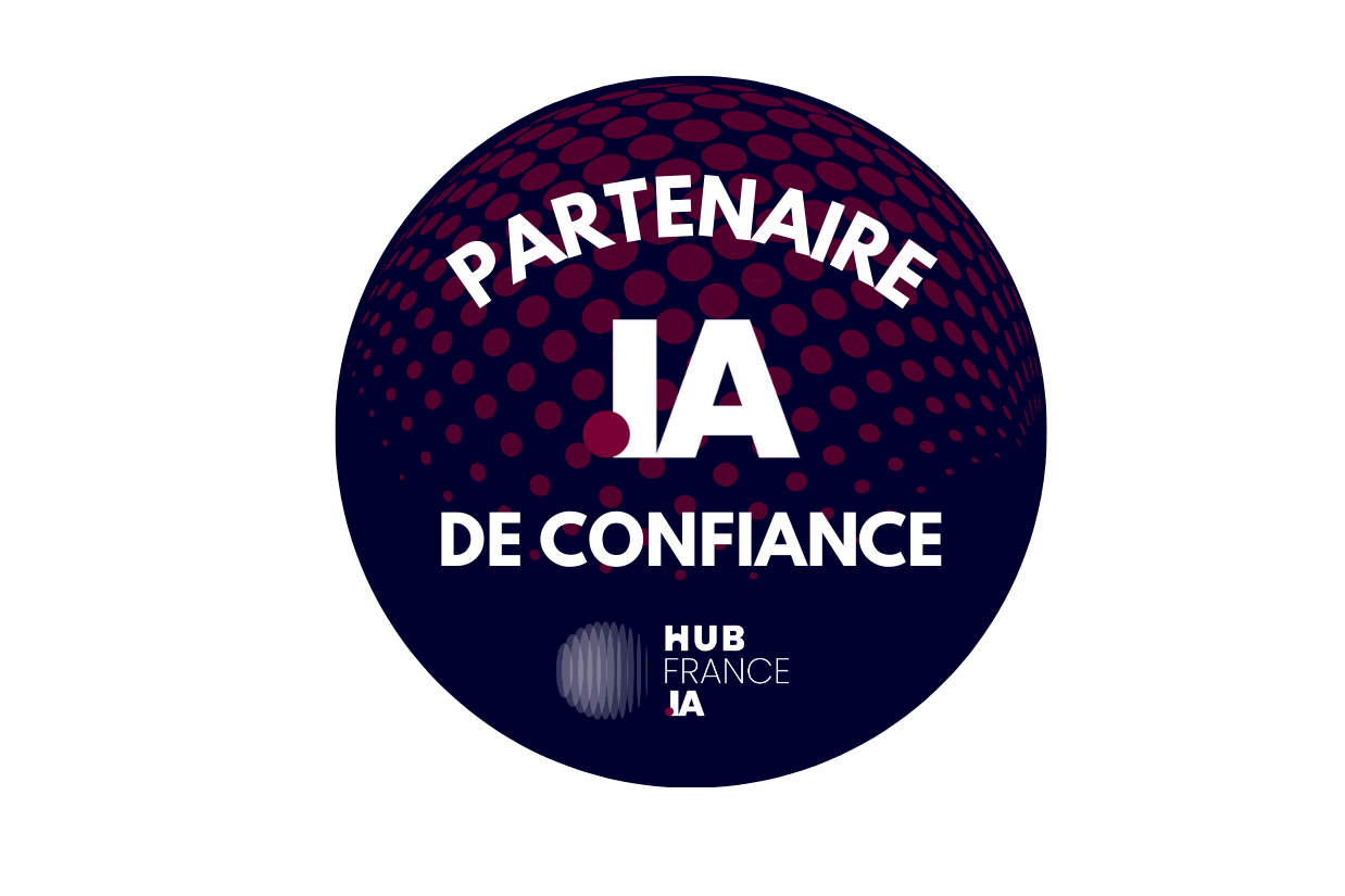 Round badge with text Partenaire IA de confiance and Hub France IA logo on a dark dotted background.