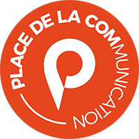 Place de la Communication logo with a stylized white location pin inside a red circle.