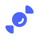 Blue circular icon with two curved shapes positioned diagonally around it, resembling a stylized candy.