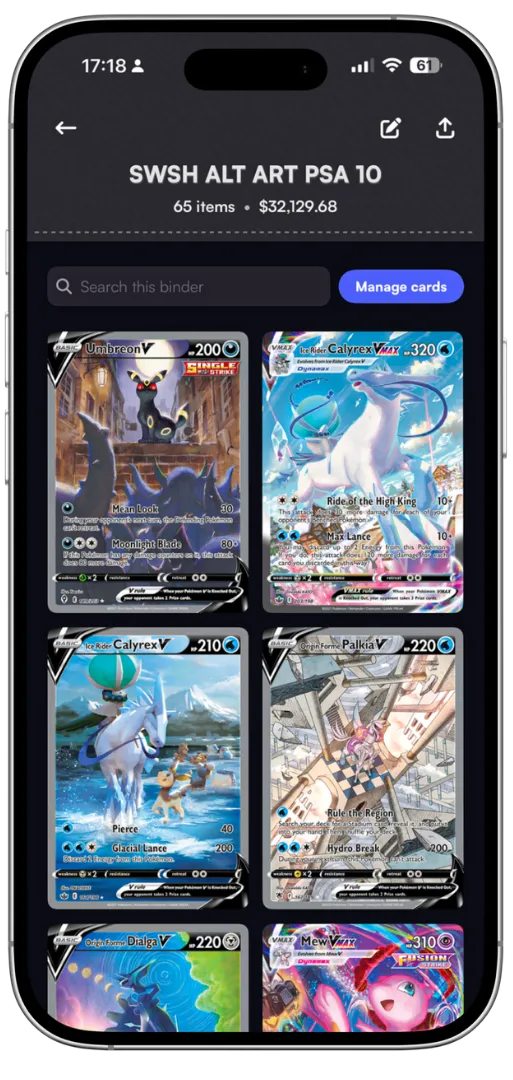 A Pokémon card featuring Umbreon ex with 280 HP, showcasing Umbreon in the center surrounded by colorful crystals and intricate abstract patterns in purple, yellow, and blue hues; the card includes attack names Moon Mirage and Onyx with energy symbols and various game stats.