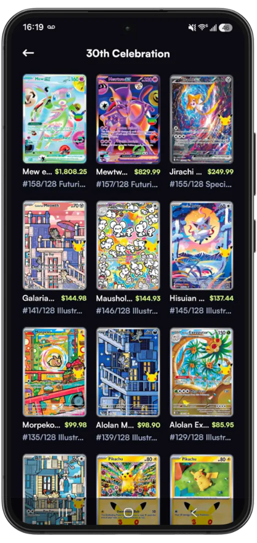 Pokémon VMAX trading card featuring Gengar with a 320 HP and dark type symbol, showing the moves 'Fear and Panic' with 60 damage and 'G-Max Swallow Up' with 250 damage, set against a colorful, dynamic background with swirling and abstract elements.