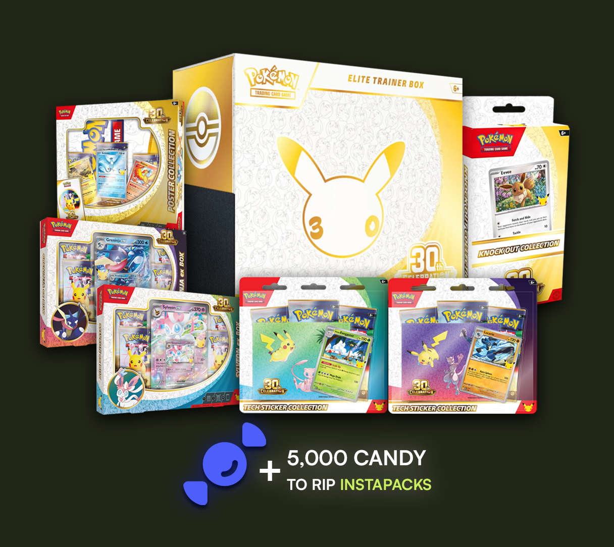 Two colorful foil packs, the front one gold and shiny with a large stylized Poké Ball design in red and yellow and the words 'Powered by Rare Candy' at the bottom.
