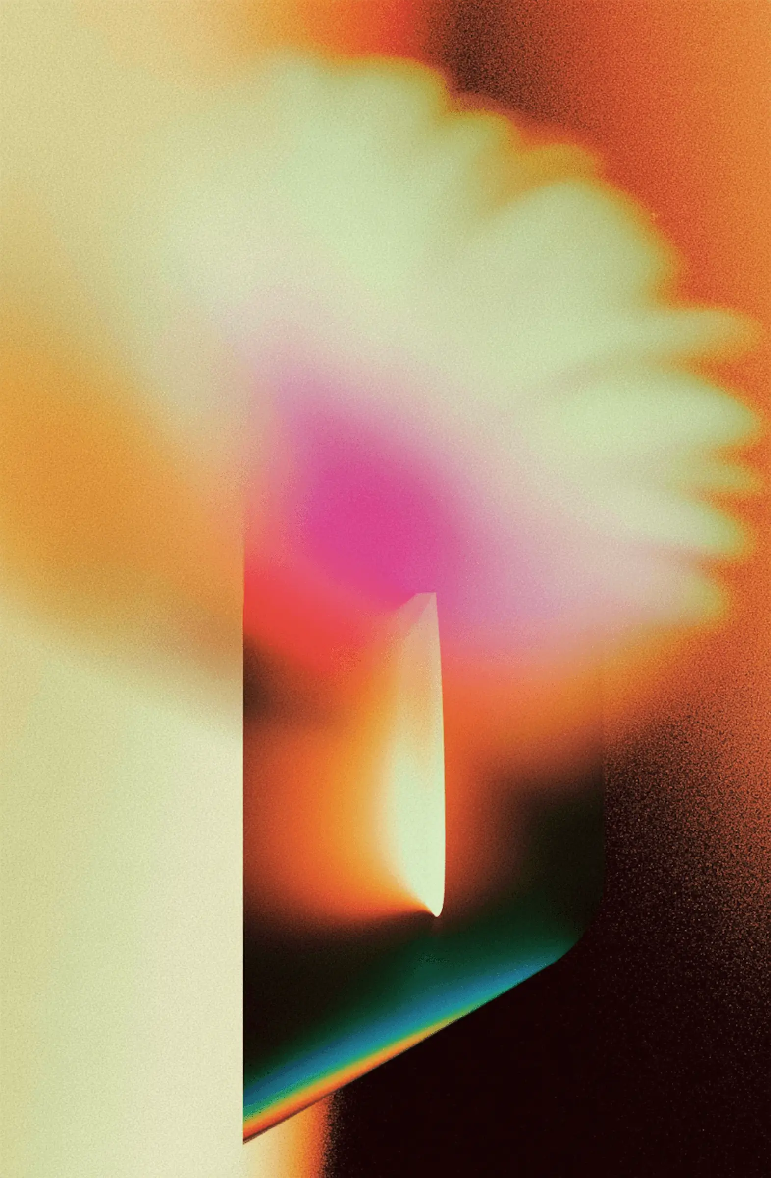 An abstract footer background with a blend of warm and cool colors, featuring a soft light yellow on the left, transitioning to orange, pink, and dark shades on the right, with a vertical light-emitting shape and a rainbow-colored line.