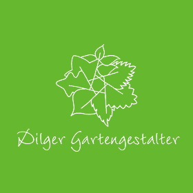 Dilger Gartengestalter Logo mit stilisierter Blume auf kräftig hellgrünen Hintergrund