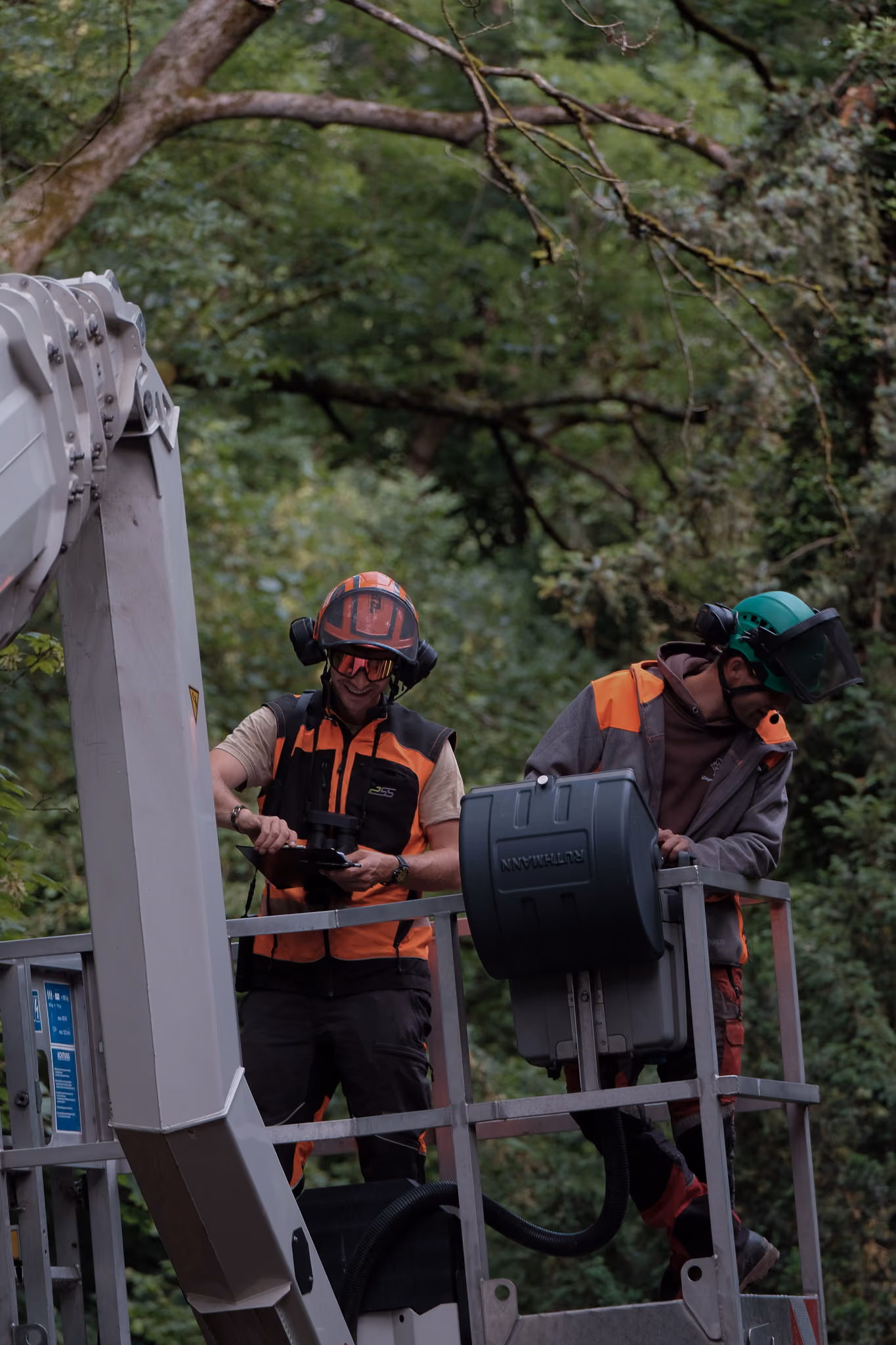 Zwei Arbeiter mit Schutzhelmen und Warnwesten bedienen eine Hebebühne im Wald.