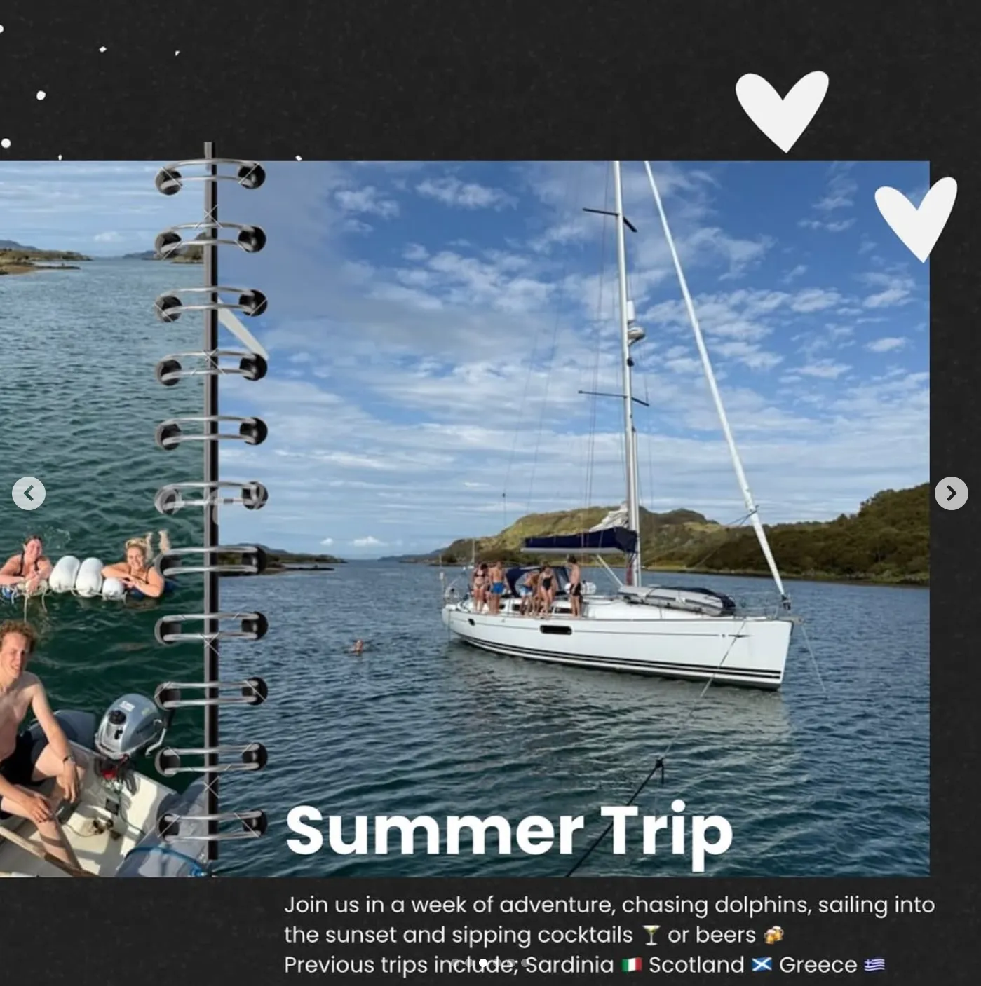 Group of people enjoying a summer trip on a white sailboat and swimming in a calm blue sea under a partly cloudy sky.
