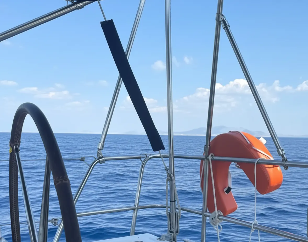 View from a sailboat showing the steering wheel, metal railings, and an orange horseshoe lifebuoy with calm blue sea and distant islands under a partly cloudy sky.