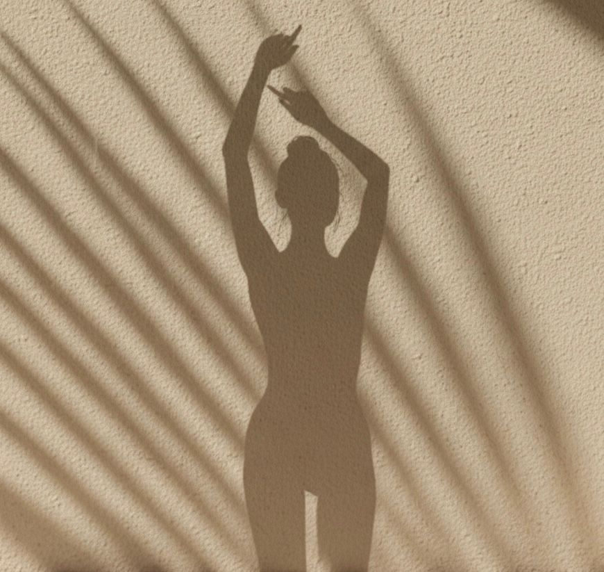 Shadow of a person with arms raised on a textured wall with palm leaf shadows.