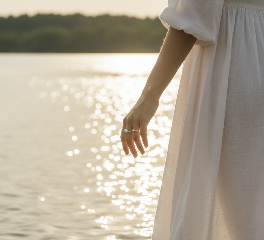 Close-up of a person's arm and hand wearing a white dress and silver rings, with sunlight sparkling on the water in the background.