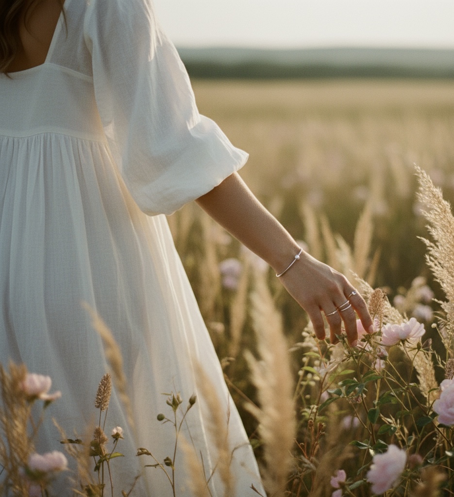 Close-up of a person in a white dress touching wildflowers in a sunlit field.