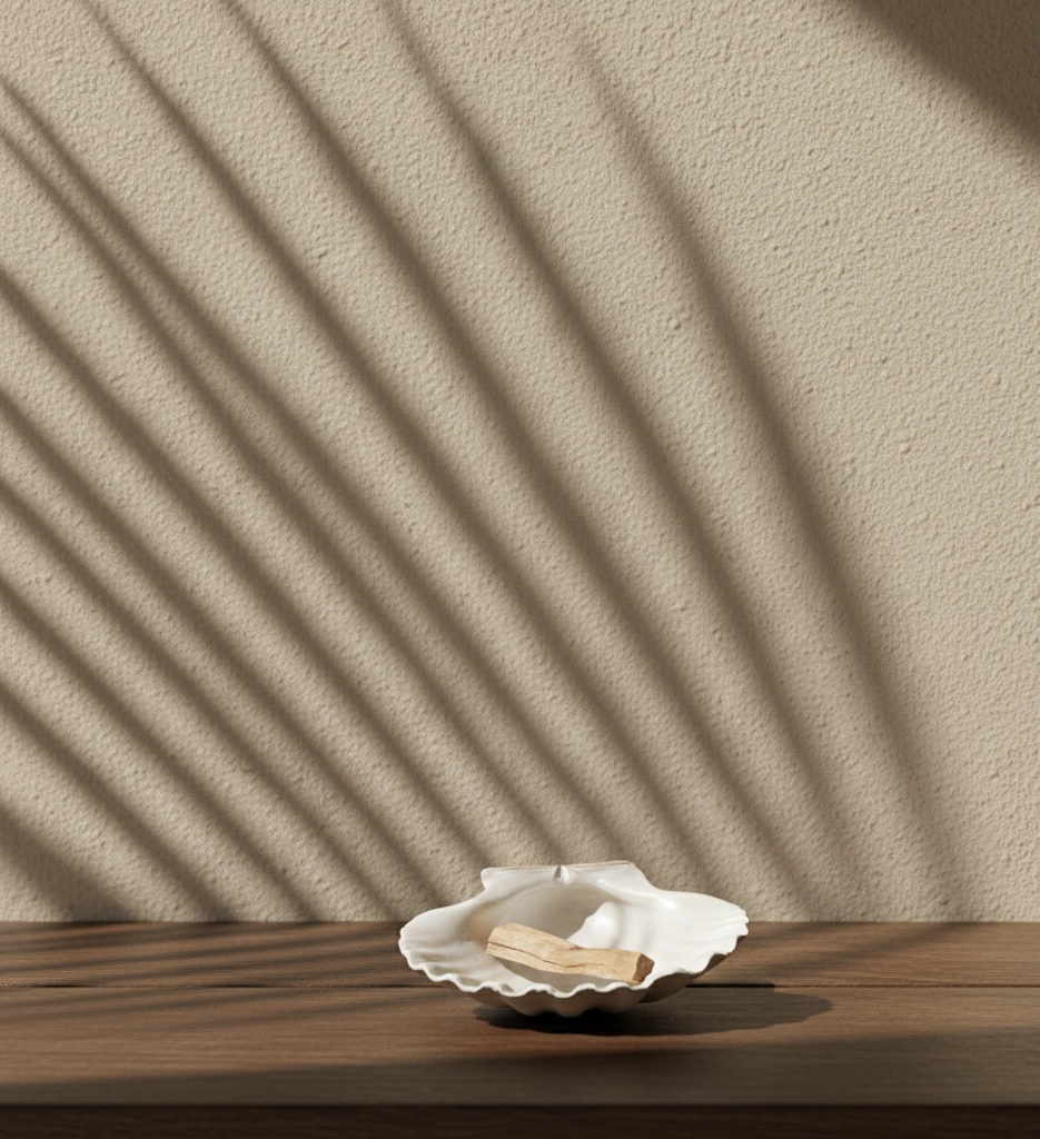 White scallop-shaped dish holding two small wooden sticks on a wooden surface with palm leaf shadows on a beige textured wall.