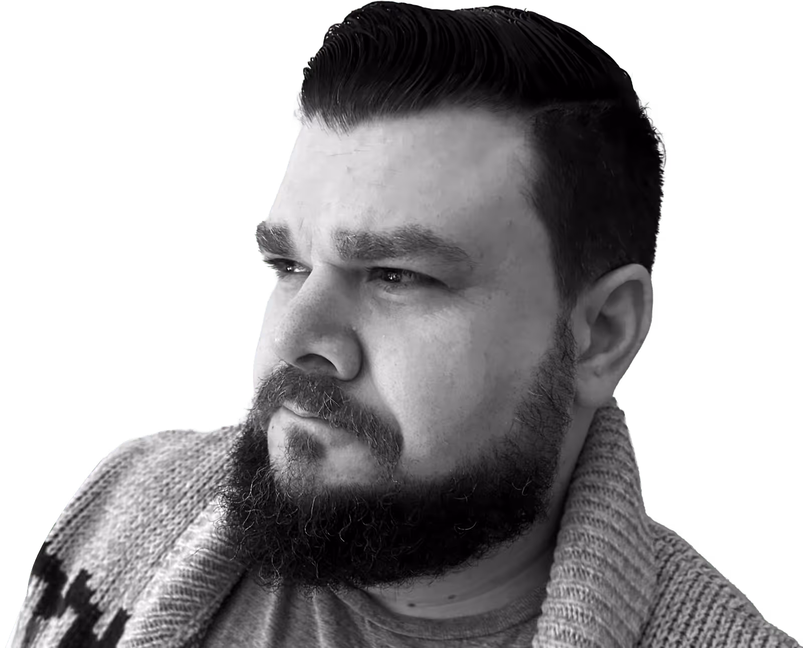 Ryan Mitchell, professional voiceover artist, black and white portrait