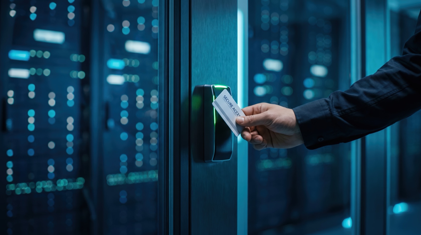Access card held up to the reader of a server room door