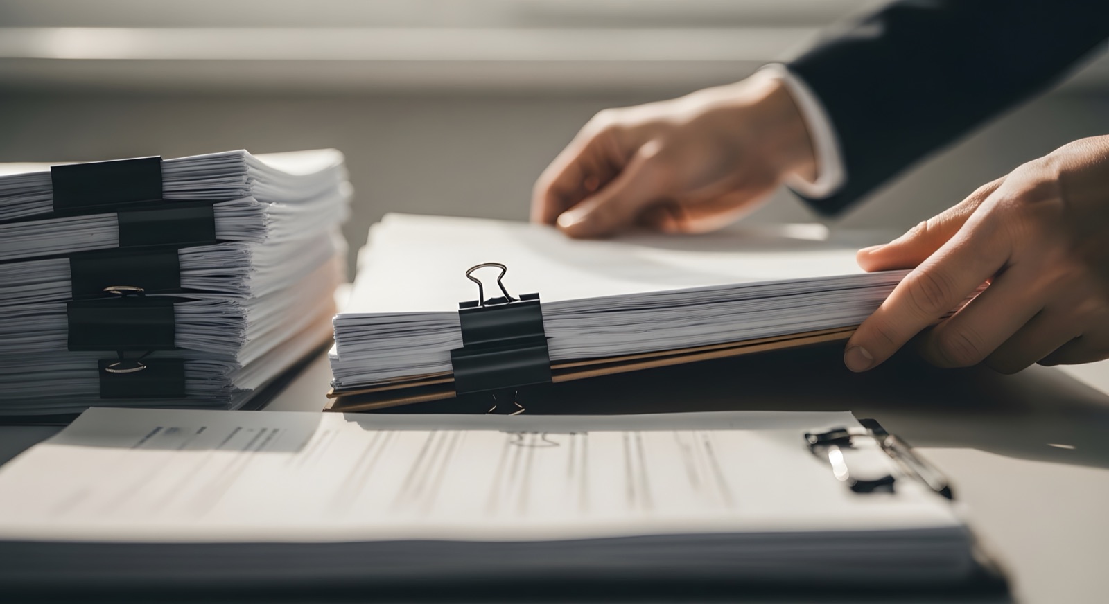 Piles de dossiers juridiques maintenues par des pinces sur un bureau