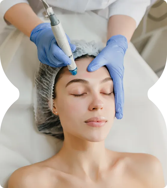 Woman receiving a facial treatment with a handheld device by a professional wearing blue gloves.