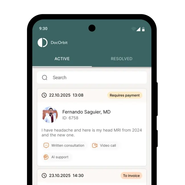 Mobile app screen showing DocOrbit with active and resolved tabs, a search bar, and consultation records including one from Dr. Fernando Saguier with headache details, timestamps, and labels like 'Requires payment' and 'To invoice'.