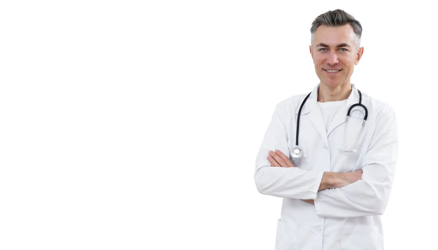 Male doctor in white coat with stethoscope looking thoughtfully to the side while holding a notebook.