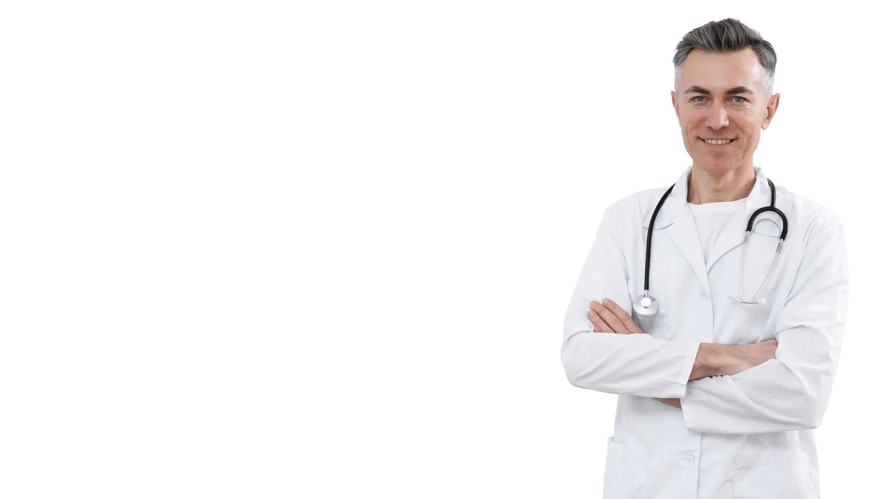 Male doctor in white coat with stethoscope looking thoughtfully to the side while holding a notebook.