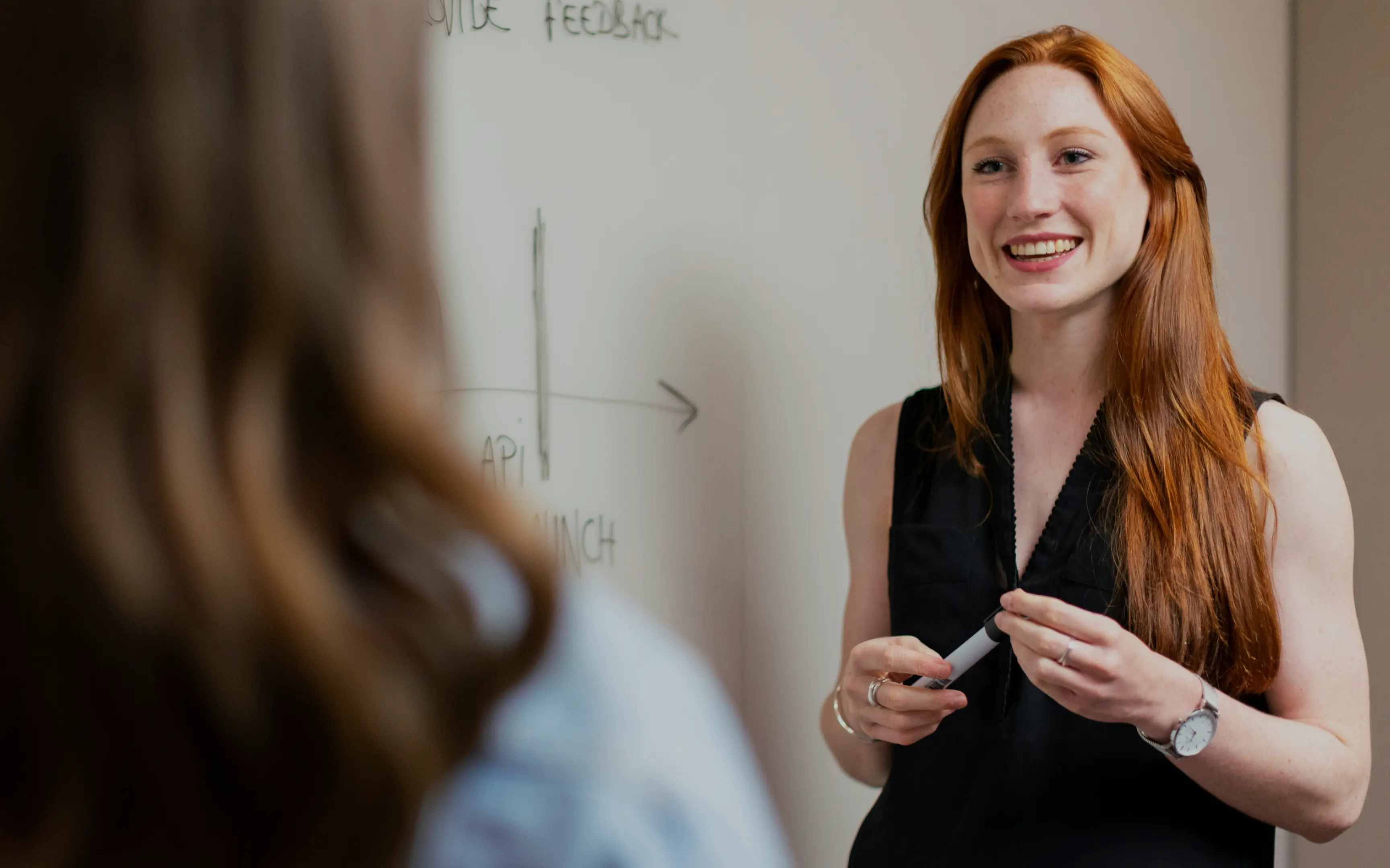 Red-haired woman smiling and holding a marker, standing in front of a whiteboard with a flowchart.