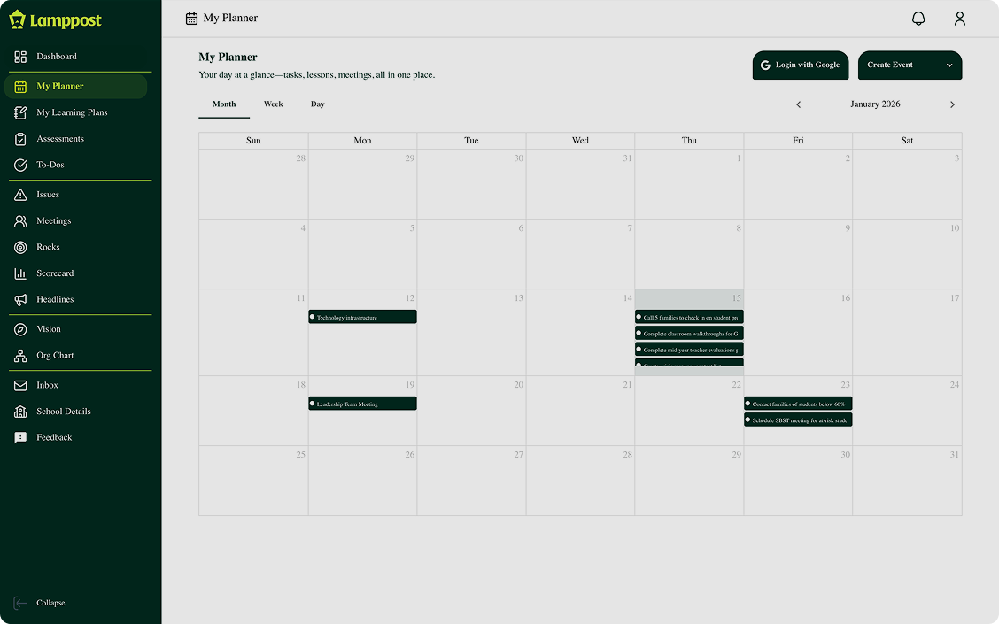 Digital planner with calendar view for January 2026 showing scheduled tasks including technology infrastructure, leadership team meeting, family check-ins, classroom walkthroughs, teacher evaluations, and SBST meeting.